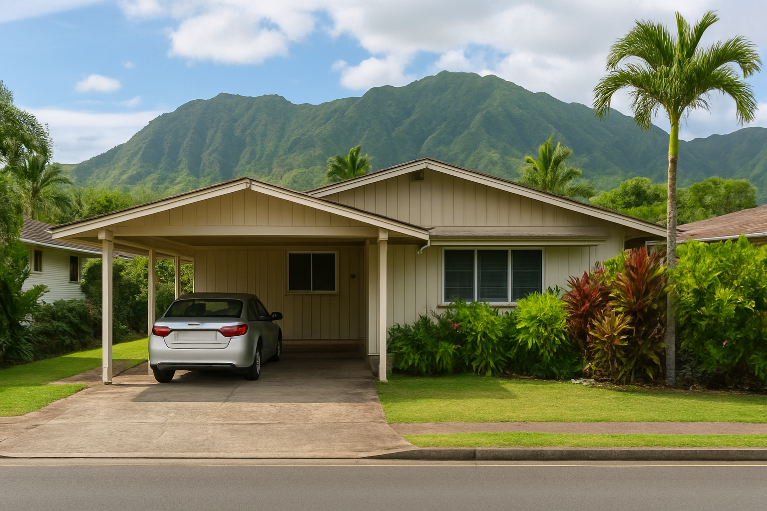 single-family home with a carport and tropical landscaping