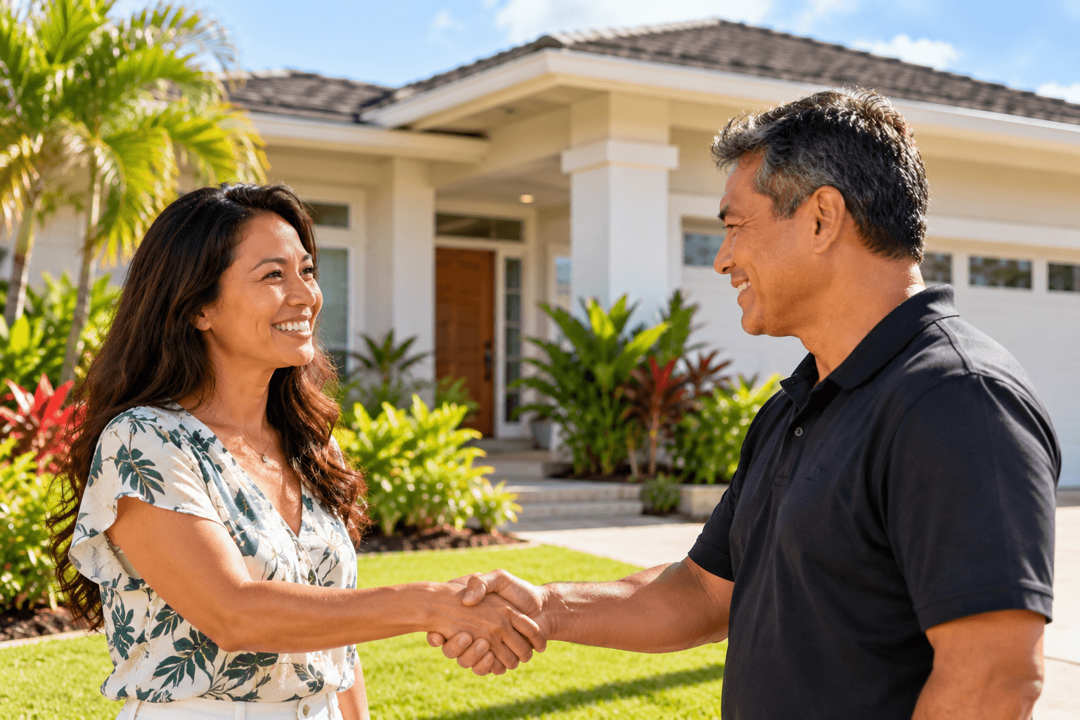 Two people smiling and shaking hands outside a Hawaii home